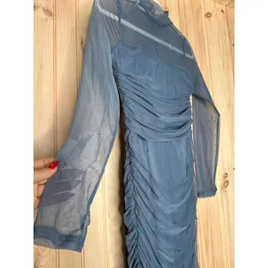 NWT Lulus Impressive Flirt Slate Blue Mesh Ruched Mock Neck Midi Dress Size S thumbnail 4