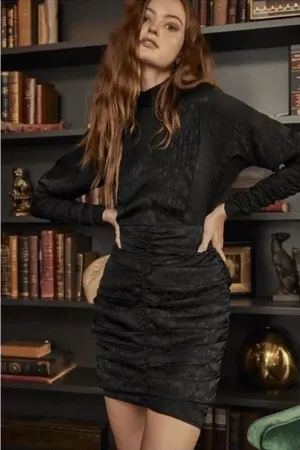 Hunter Bell New York Black Floral Jacquard Ruched Mini Dress Mock Neck‎ thumbnail 1