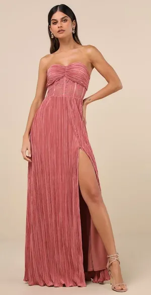 LULU’S Desme Rose Pink Satin Plisse Strapless Maxi Dress thumbnail 1