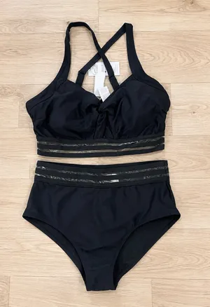 Cupshe Women's Mesh Striped Twisted Cutout Bikini Set High-Waist Black L NWT thumbnail 1