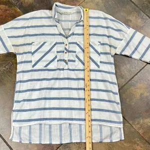 Zara Basic White Blue Striped V-neckline 3/4 Sleeve Blouse XS thumbnail 6