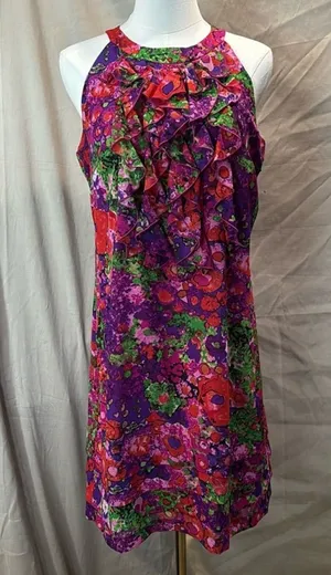 madison leigh Purple Floral Ruffle Halter Midi Dress with Pink and Green Accents thumbnail 1