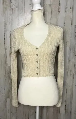 Nasty Gal Ivory Ribbed Cropped Cardigan Sweater V-Neck Button-Up Women's Small‎ thumbnail 1