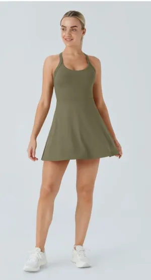 Halara Flare Mini Dance Active Dress Size XL NWT Withered Green (Olive) thumbnail 1