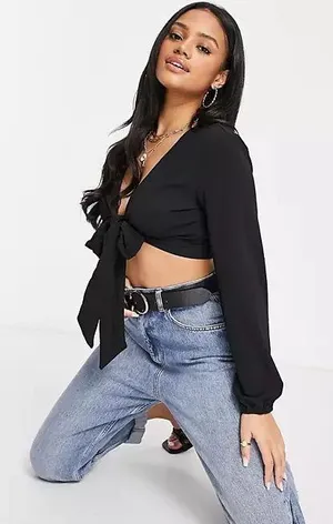 Missguided Crop Top Tie Front In Black thumbnail 1