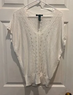 Lauren Ralph Lauren White Linen Cotton Pointelle Knit V-Neck‎ Dolman Sweater L thumbnail 1