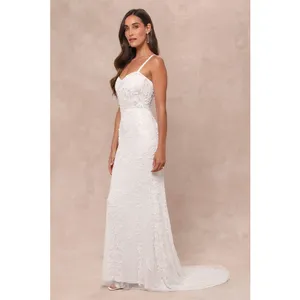NWT Lulus Momentous Love White Beaded Bustier Mesh Mermaid Maxi Dress Bride XS thumbnail 4