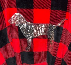 red and black buffalo plaid plush hooded robe from Victoria's Secret PINK featuring a large silver sequin dog logo on the back thumbnail 3