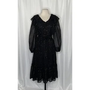 BY THE RIVER Chiffon Midi Dress Ruffled Black Gold Stars Party Glam Star Small‎ thumbnail 2