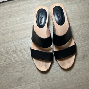 Madewell Black Leather Two-Strap Wooden Block Heel Clog Sandals Size 8 minimal thumbnail 2