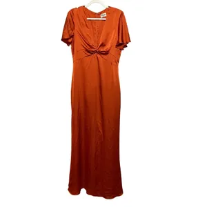 Show Me‎ Your Mumu Rome Twist Gown Burst Orange Satin V Neck Maxi Dress sz L thumbnail 3