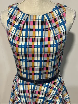 Closet Multicolor Plaid Midi Dress with Blue Belt thumbnail 2