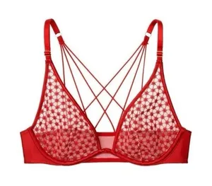 Victorias Secret LUXE Starburst Unlined Plunge Underwire Bra Red‎ Embroidered thumbnail 1