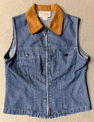 Vintage Stonebridge women denim and suede vest in size petite thumbnail 1
