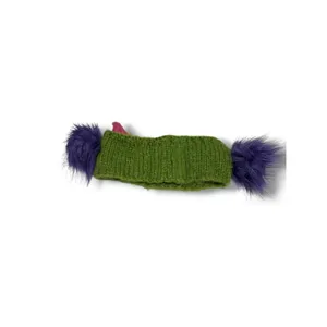 Green Monster Knit Headband‎ Alien Ear Warmer Faux Fur Pom Poms Horns Novelty thumbnail 2
