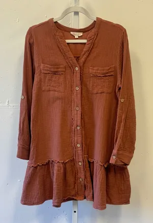 Vanilla Bay Rust Cotton Gauze Button Down Oversized Tunic Mini Dress Sm Relaxed thumbnail 1