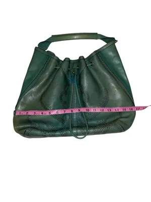 Y2K Vintage Cole Haan Teal Leather Drawstring brass studded Hobo Bag Boho fairy thumbnail 11