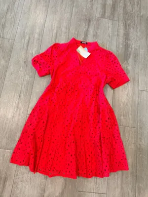 V-Neck Red Eyelet Tiered Mini Dress thumbnail 4