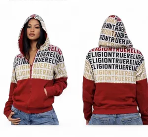 True Religion Y2K Hoodie Women XL Full Zip Logo AOP Streetwear Red Gold Graphic thumbnail 2
