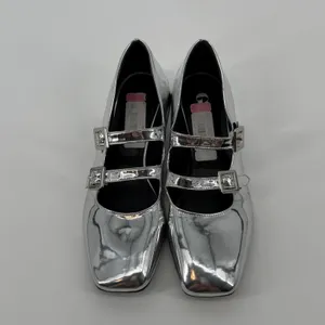 GB Silver‎ Metallic Double Strap Mary Jane Square Toe Block Heel Shoes Size 11 thumbnail 2