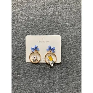 Alice in Wonderland‎ Asymmetric Enamel Hoop Earrings Blue Bow Ace of Hearts thumbnail 5