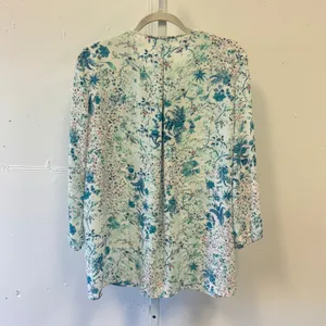 Tahari Cottagecore Floral Paisley Lace Up Tassel Blouse Blue Teal White Boho thumbnail 2