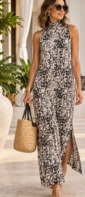 💥NWT Garnet Hill Python Print TENCEL Mock Neck Side Slit Maxi Dress Sz S💛 thumbnail 1