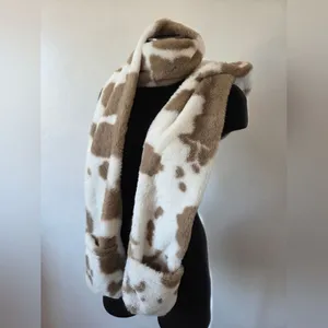 Ultra Soft Cow Print Hat Scarf Mitten Attached Furry Hood Ears Puppy Snow Bunny thumbnail 4