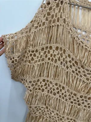 Dislay Paris Tan Open Knit Boho Short Sleeve Blouse Size Small Whimsical Fairy thumbnail 2