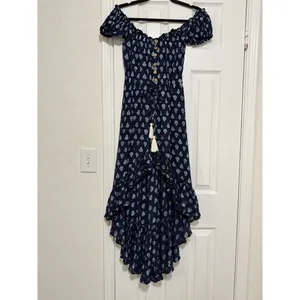 Vintage Havana Navy Floral Off Shoulder Ruffle High Low Maxi Dress Small Boho thumbnail 2