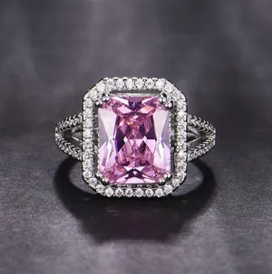 18K White Gold Plated Adjustable Birthstone Gemstone Pink Crystal Ring for Women thumbnail 1