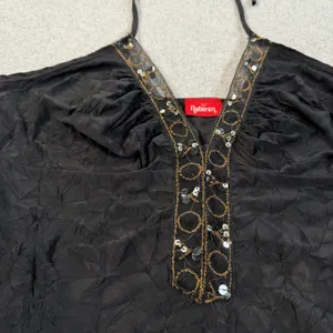 Nabiran Y2k Women's Small Black Halter Top Sequined Beaded Crinkle Tank Blouse thumbnail 2