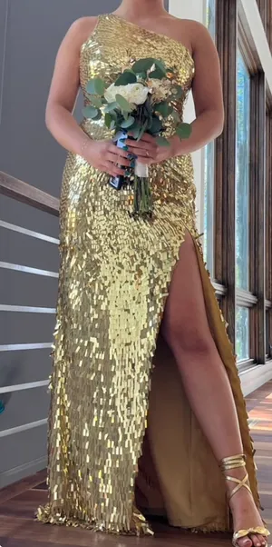 Gold One Shoulder Sherri Hill Dress thumbnail 4