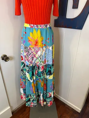 John Mark Teal Patchwork Floral Maxi Skirt with Bright Accents Sz M thumbnail 4