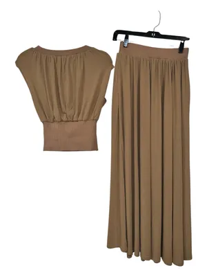 COMMENSE NWT Sold Out Khaki Taupe Gathered Top & Flowy Maxi Skirt Set XS thumbnail 3