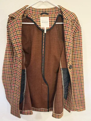 Avec Les Filles Longline Plaid Houndstooth Blazer Tan Red Black Size S thumbnail 9