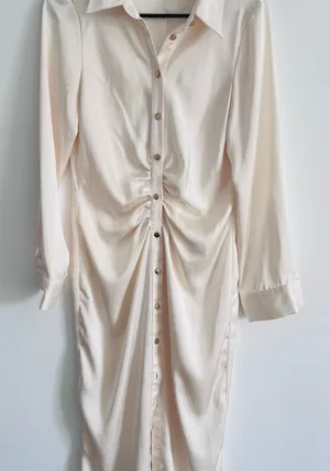 Women's Cream Button-Front Ruched Shirt Dress thumbnail 1
