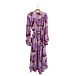 Hutch Purple Red Botanical Leaf Print Wrap Maxi Dress Long Balloon‎ Sleeve L thumbnail 4