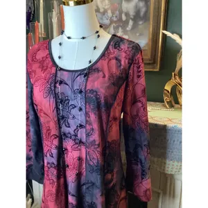 Sami & Jo Red Black Y2K Floral Print Long Sleeve A-Line Dress Large thumbnail 2