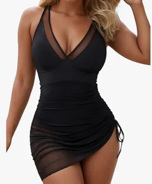 Amazon Women's V Neck One Piece Swimsuit Mesh Sheer Swim Dress Curvy Tummy Control Side Drawstring Bathing Suits thumbnail 1