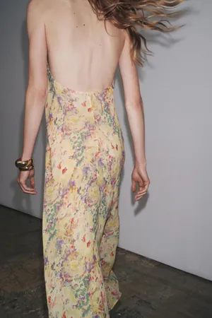 Zara floral Boho open back Halter Maxi summer vacation Dress thumbnail 7