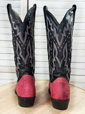 Vintage Dan Post Ostrich Leather Stitched Upper Cowgirl Boots Pink Black‎ 7.5 thumbnail 4