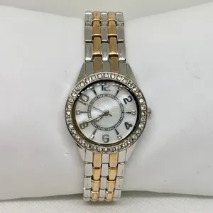 Women quartz watch gold silver tone 28mm round mop dial rhinestones running thumbnail 1