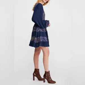 Free People My Love Mini Navy Paisley V-Neck Long Sleeve Tiered Dress Medium thumbnail 3