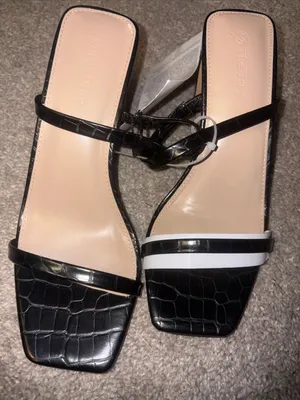The Drop Black Croc-Embossed Strappy Heels with White Accent thumbnail 1