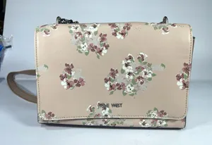 Nine West Beige Floral Crossbody Bag Chain Accents Snap Closure Detachable Str thumbnail 1