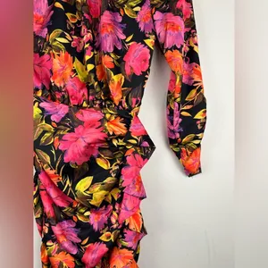 For Love and Lemons Dakota Black Floral Satin Long Sleeves Ruffle Dress Sz XXS‎ thumbnail 4