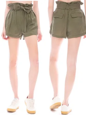 FRAME Denim Paperbag Pocket High Rise Linen Blend Shorts Army Green thumbnail 2
