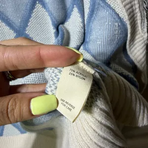 Gilded Intent Cardigan‎ Sweater L Blue Cream Chunky Knit Open Front thumbnail 5
