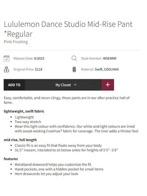 NWT Lululemon Dance Studio Mid-Rise Pant *Regular in Pink Frosting Track Pants 4 thumbnail 7